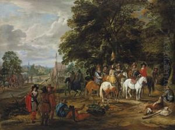 Soldiers Resting Near A Road, A Town Beyond Oil Painting by Adam Frans van der Meulen