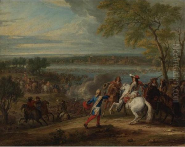 The French Army Crossing The Rhine At Lobith Oil Painting by Adam Frans van der Meulen