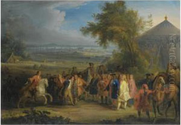 An Extensive Landscape With 
Louis Xiv Of France Being Presented With A Prisoner Of War In The 
Foreground, A Battle Beyond Oil Painting by Adam Frans van der Meulen