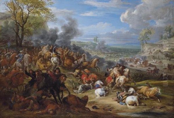 French Troops In Battle In An Extensive Landscape Oil Painting by Adam Frans van der Meulen