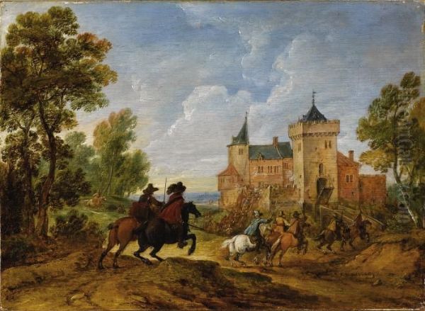 Horsemen In A Landscape (said To Be Near Dinan) Oil Painting by Adam Frans van der Meulen