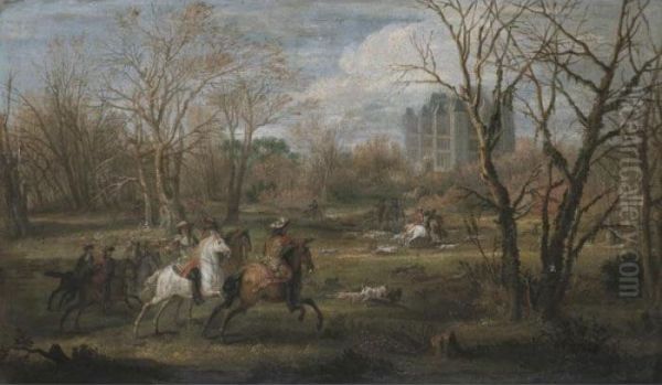 Noblemen Hunting In The Woodland Of A Country Estate Oil Painting by Adam Frans van der Meulen