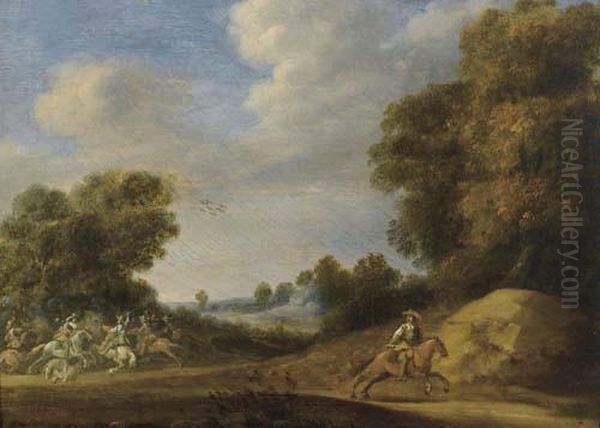 Uberfall Auf Einem Waldweg. Oil Painting by Adam Frans van der Meulen