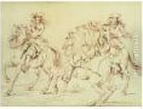 Trois Cavaliers A L'arret Oil Painting by Adam Frans van der Meulen