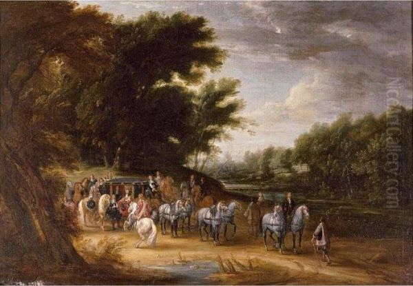 Louis Xiv In A State Coach Accompanied By His Gentlemen Oil Painting by Adam Frans van der Meulen