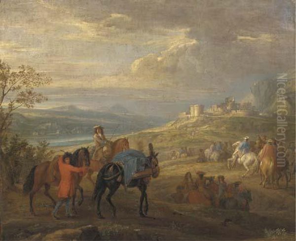 An Extensive River Landscape With A Cavalry Troop On A Path, A Ruined Castle Beyond Oil Painting by Adam Frans van der Meulen