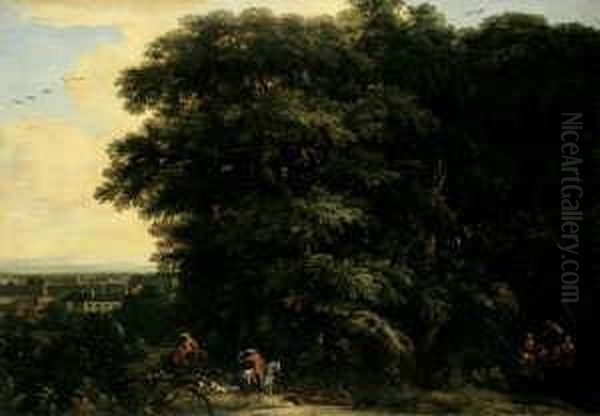 Bewaldete Landschaft Mit Jagern. Oil Painting by Adam Frans van der Meulen