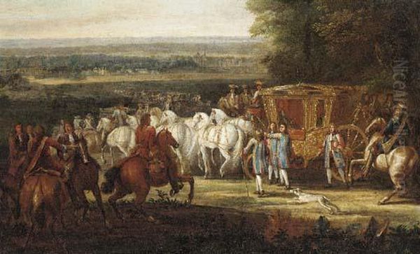 A Royal Carriage With Attendants In An Extensive Landscape Oil Painting by Adam Frans van der Meulen