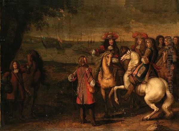 King Charles Ii And The Duke Of 
York With Other Figures Before Abay, With English Men-o-war Beyond Oil Painting by Adam Frans van der Meulen