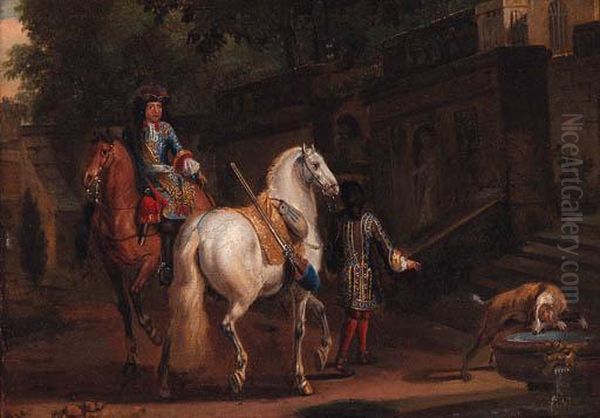 Elegant Horsemen By A Fountain Oil Painting by Adam Frans van der Meulen