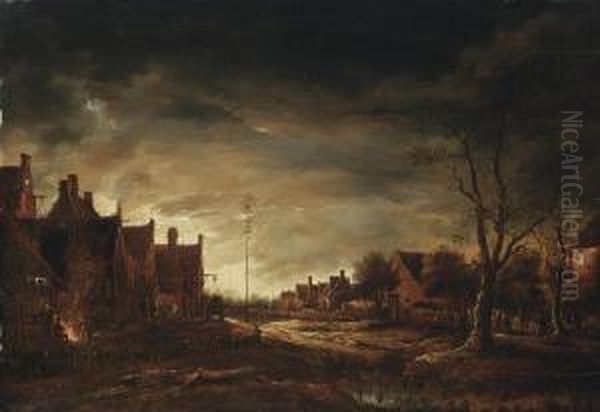 A Moonlit Winter Village Oil Painting by Aert van der Neer