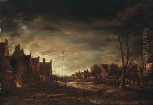 A Moonlit Winter Village, With Figures Around A Bonfire Oil Painting by Aert van der Neer