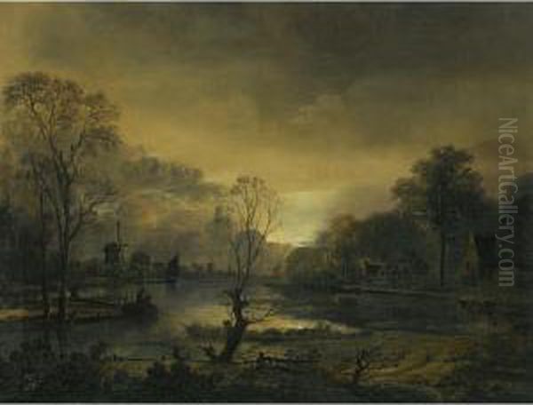 A River Landscape At Sunset With
 Fishermen Drawing In Their Net In The Foreground, Windmills Beyond Oil Painting by Aert van der Neer