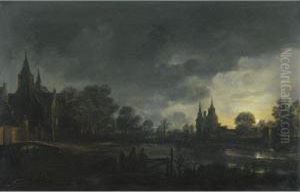 A Moonlit River Landscape With Figures Standing By A Gate, A Village Beyond Oil Painting by Aert van der Neer