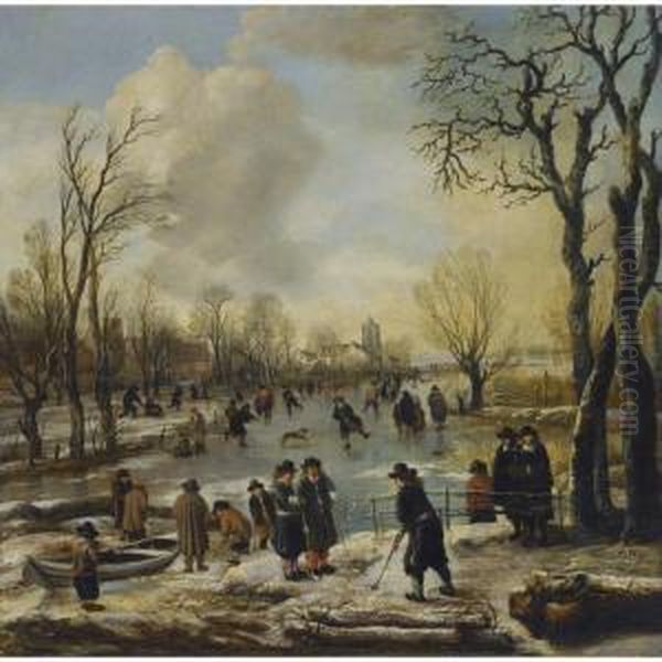 A Winter Landscape With 
Villagers Skating And Playing Kolf On A Frozen Canal, A Village Beyond Oil Painting by Aert van der Neer