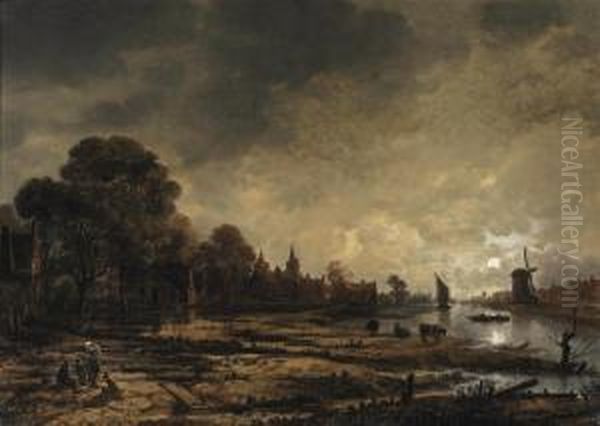 A Moonlit River Landscape With Figures Conversing On The Outskirts Of A Town Oil Painting by Aert van der Neer