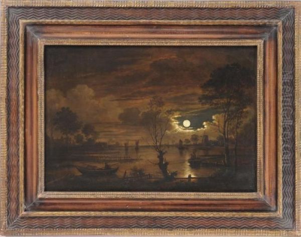 Fishing By Moonlight Oil Painting by Aert van der Neer