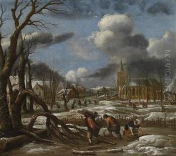 A Winter Landscape Oil Painting by Aert van der Neer