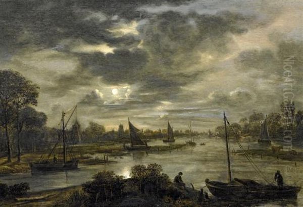 River Landscape In The Moonlight Oil Painting by Aert van der Neer