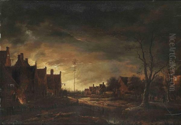 A Village By Moonlight Oil Painting by Aert van der Neer