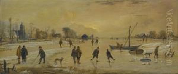 A Winter Landscape With Skaters And Kolf Players, A Village To Theleft Oil Painting by Aert van der Neer