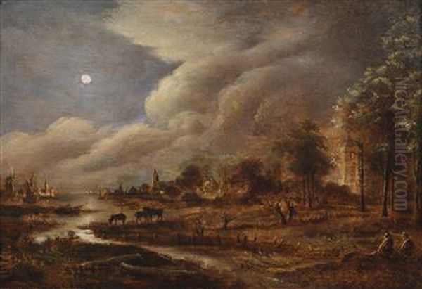 Moonlit River Landscape Oil Painting by Aert van der Neer