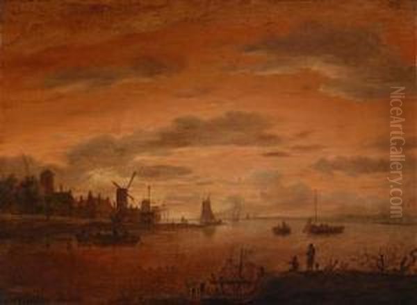 Sunset Above A Dutch Canal Landscape Oil Painting by Aert van der Neer