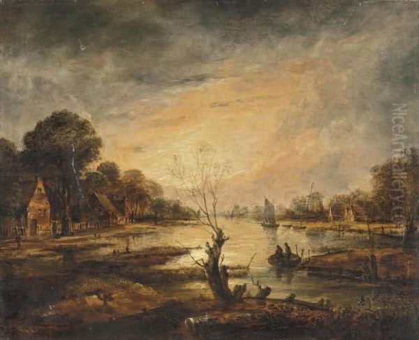 A Moonlit River Landscape With 
Cottages And A Windmill On Thebanks, Two Men On A Raft In The Foreground Oil Painting by Aert van der Neer