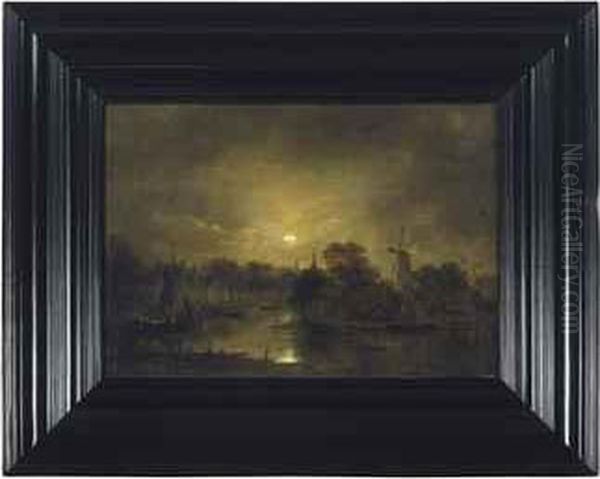 A Town By A Moonlit River Oil Painting by Aert van der Neer