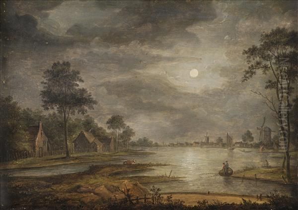 Moonlit Lake Scene Oil Painting by Aert van der Neer