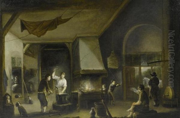 Interior Of A Blacksmith's Shop. Oil Painting by Aert van der Neer