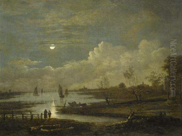 Broad River Landscape In The Moonlight. Oil Painting by Aert van der Neer