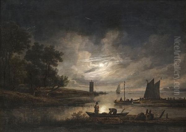 Paesaggio Fluviale Al Chiaro Di Luna Con Pescatori Oil Painting by Aert van der Neer