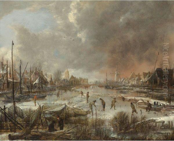 Winter Landscape With Sportsmen On A Frozen River Oil Painting by Aert van der Neer