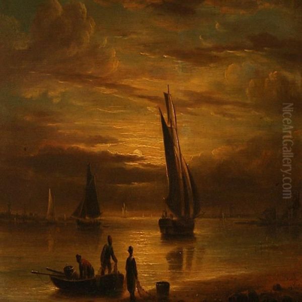 Fishermen On A Beach At Sunset Oil Painting by Aert van der Neer