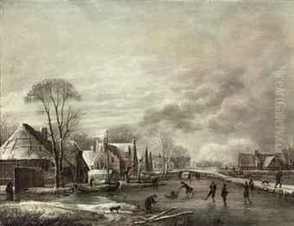 A Winter Landscape With Skaters By A Village Oil Painting by Aert van der Neer