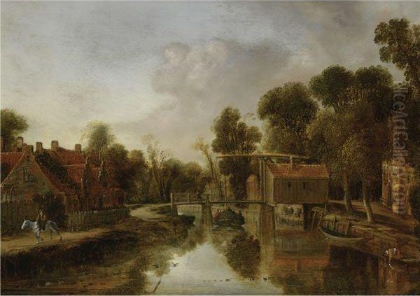 A Village With A Drawbridge Over
 A River, Figures In A Barge Pulledby A Horseman On A Path To The Left Oil Painting by Aert van der Neer