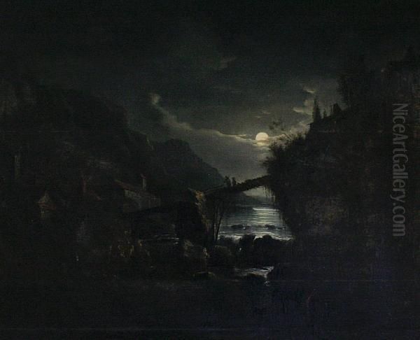 Moonlit River, With Figures Crossing A Bridgetowards Houses Oil Painting by Aert van der Neer