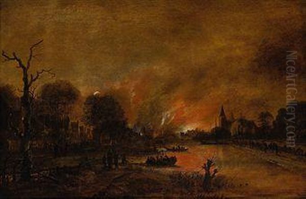 A Moonlit River Landscape With Figures Quenching A Fire In A Townbeyond Oil Painting by Aert van der Neer