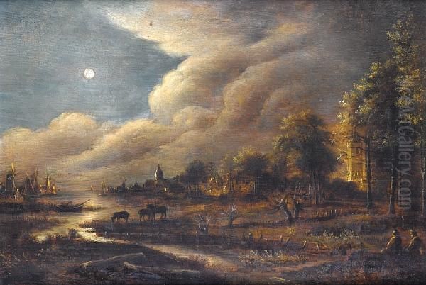 Herdsmen Grazing Their Cattle Before A Riverlandscape By Moonlight Oil Painting by Aert van der Neer