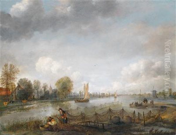 Weitefluslandschaft Mit Fischern Oil Painting by Aert van der Neer