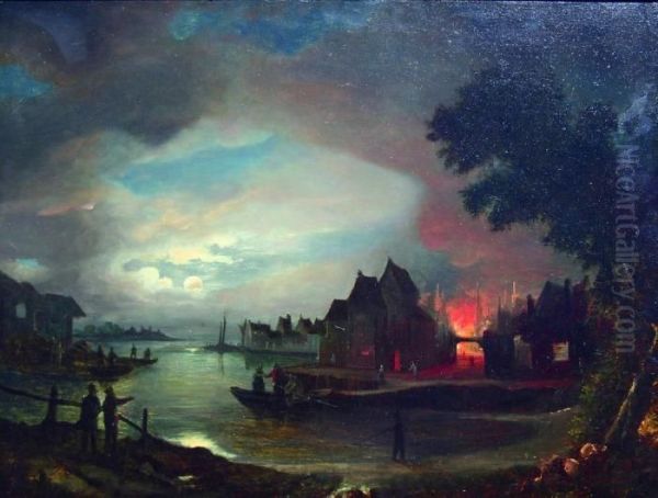 Moonlit Town Scene By A River Oil Painting by Aert van der Neer