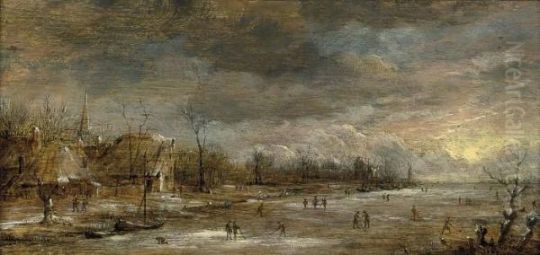 A Winter River Landscape With Skaters Oil Painting by Aert van der Neer