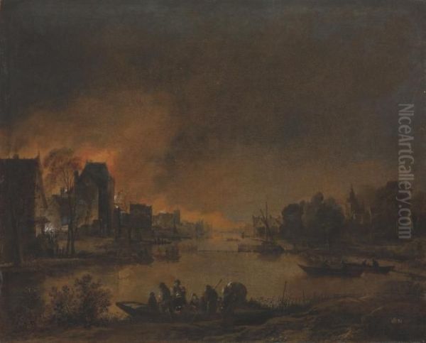 A River Landscape With Figures Disembarking On The Bank Oil Painting by Aert van der Neer