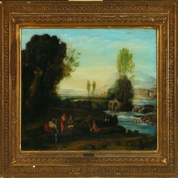 Archaic Landscapewith Animals And Figures At A Stream Oil Painting by Aert van der Neer