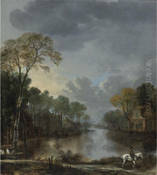 Scene At Dusk With A Horseman Pulling A Boat Along A Canal Oil Painting by Aert van der Neer