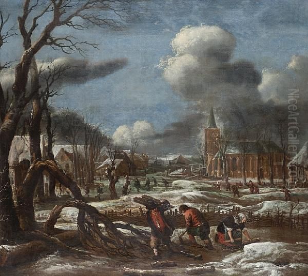 A Winter Landscape With Figures Oil Painting by Aert van der Neer