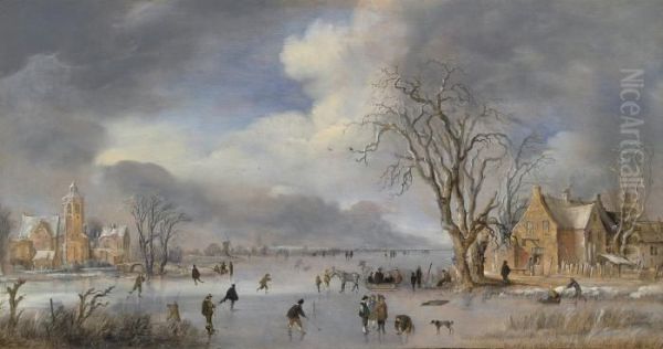 A Winter Landscape With Skaters And Kolf Players On A Frozen River Oil Painting by Aert van der Neer