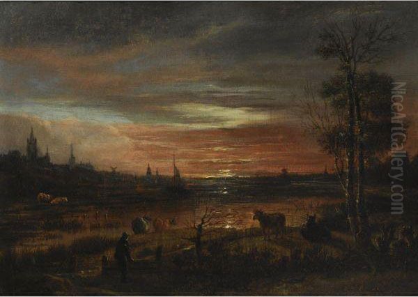 A View Across A Marshy River 
Towards A Town After Sunset, Two Peasants And Cattle In The Foreground Oil Painting by Aert van der Neer