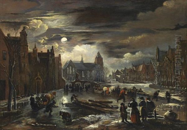 Zugefrorene Gracht Bei Mondschein Oil Painting by Aert van der Neer